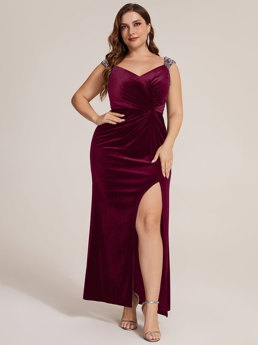 Robe sirène sans manches à décolleté en V en sequins longueur maxi avec fermeture éclair au dos et fente #Couleur_Bordeaux