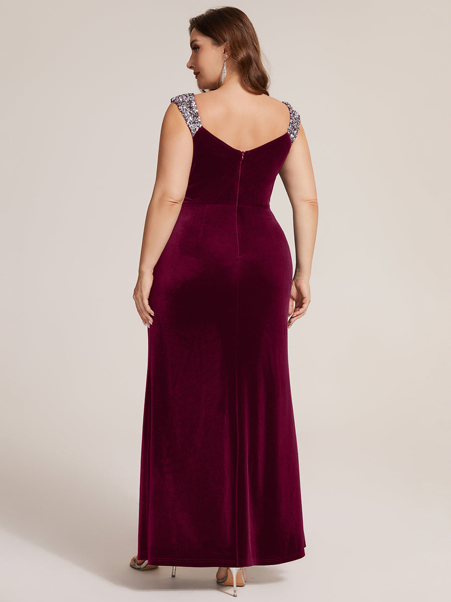 Robe sirène sans manches à décolleté en V en sequins longueur maxi avec fermeture éclair au dos et fente #Couleur_Bordeaux