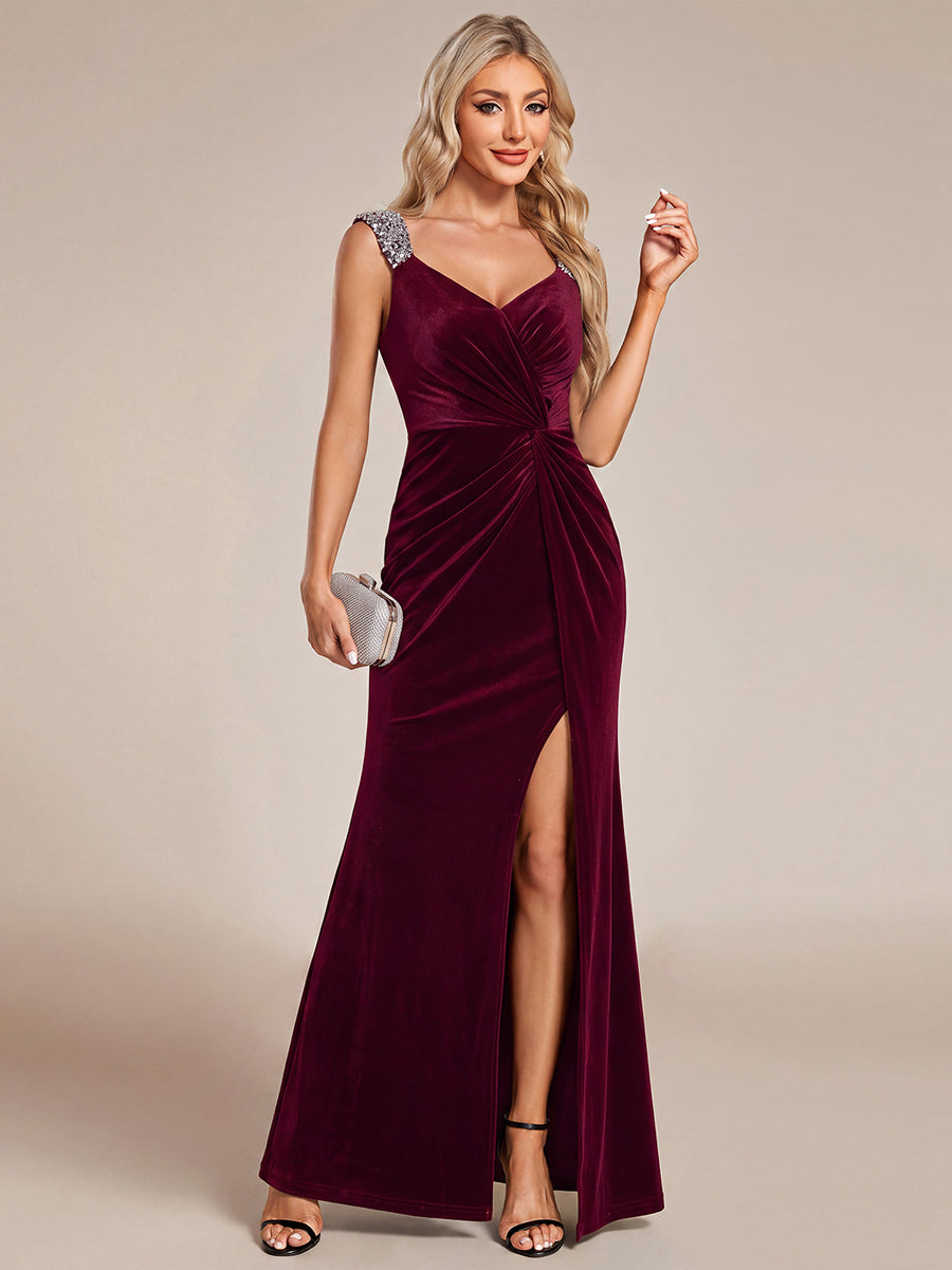 Robe sirène sans manches à décolleté en V en sequins longueur maxi avec fermeture éclair au dos et fente #Couleur_Bordeaux