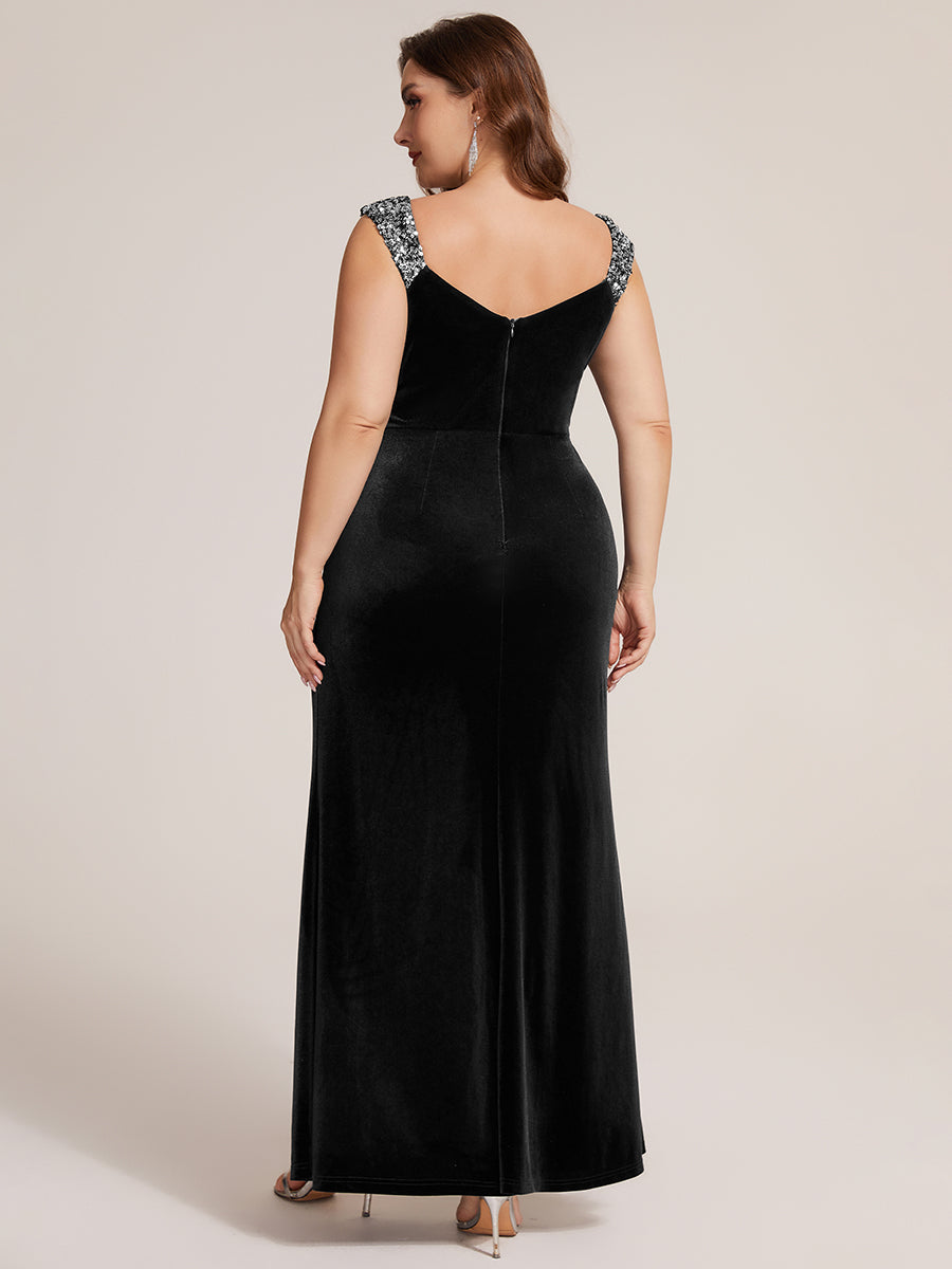 Robe sirène sans manches à décolleté en V en sequins longueur maxi avec fermeture éclair au dos et fente #Couleur_Noir