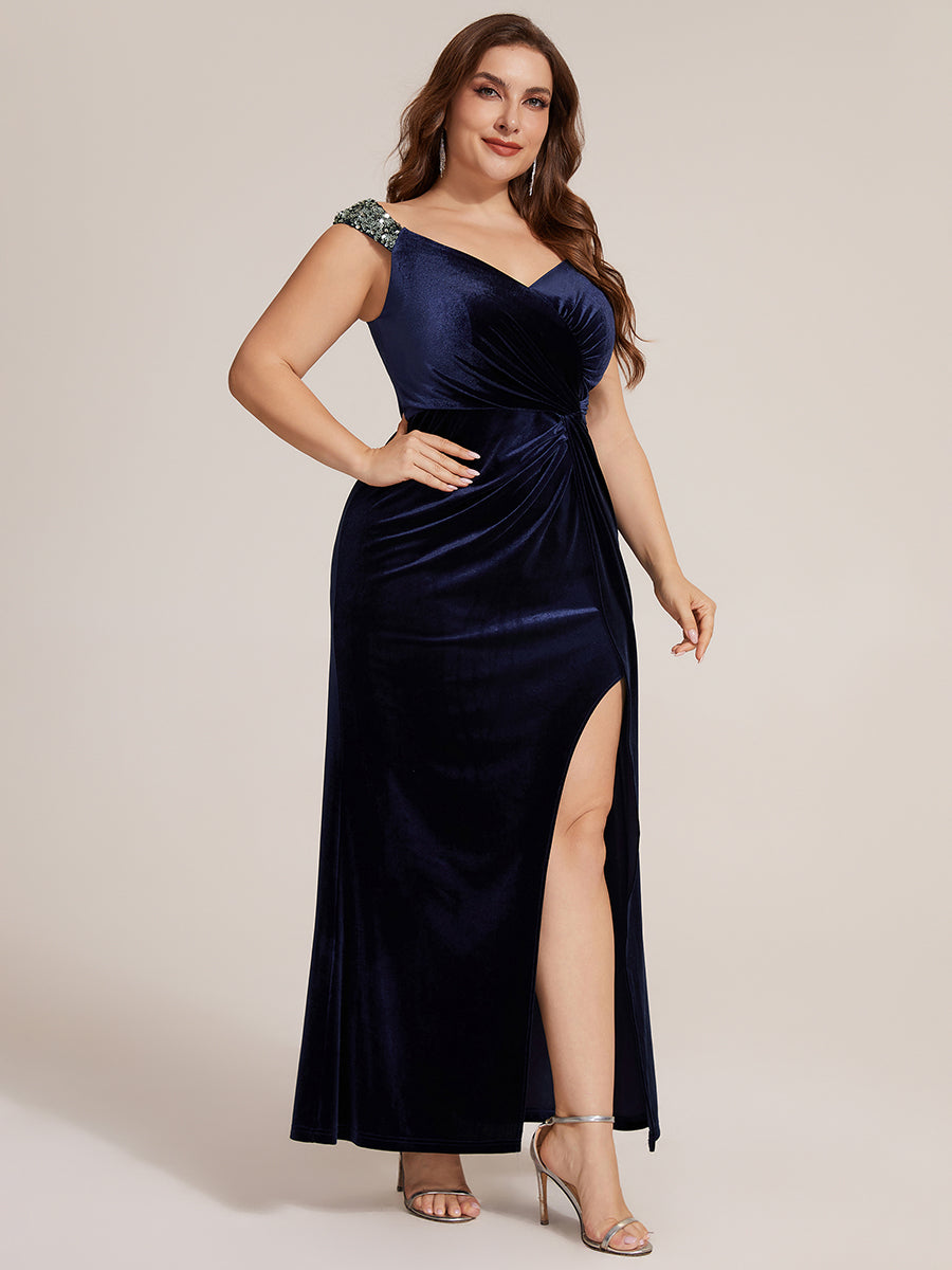 Robe sirène sans manches à décolleté en V en sequins longueur maxi avec fermeture éclair au dos et fente #Couleur_Bleu Marine