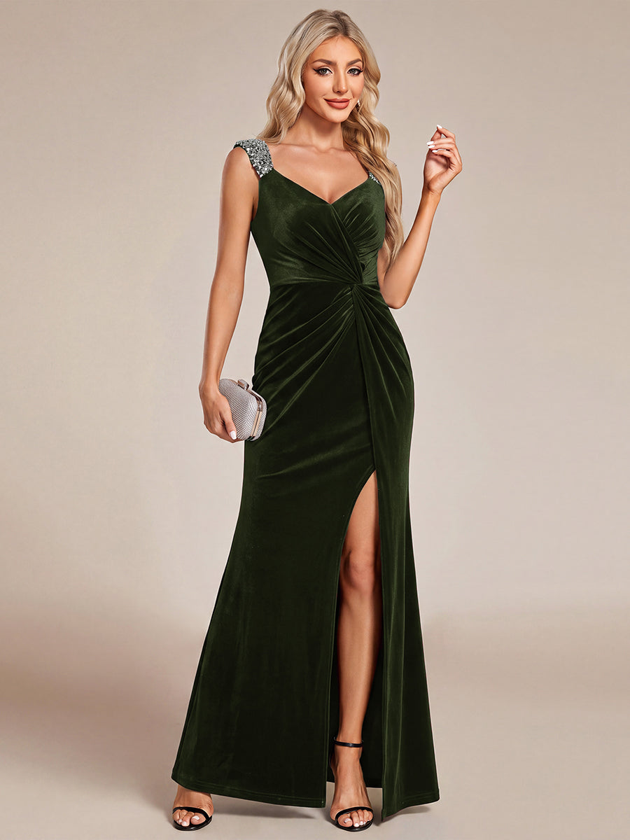Robe sirène sans manches à décolleté en V en sequins longueur maxi avec fermeture éclair au dos et fente #Couleur_Vert Olive