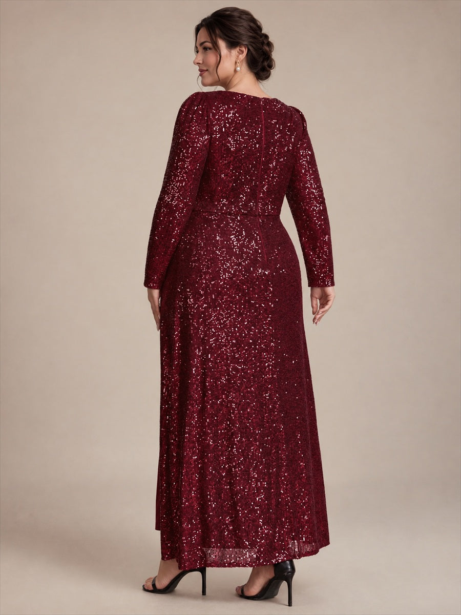 Robe maxi ajustée à manches longues en V avec fermeture éclair au dos #Couleur_Bordeaux
