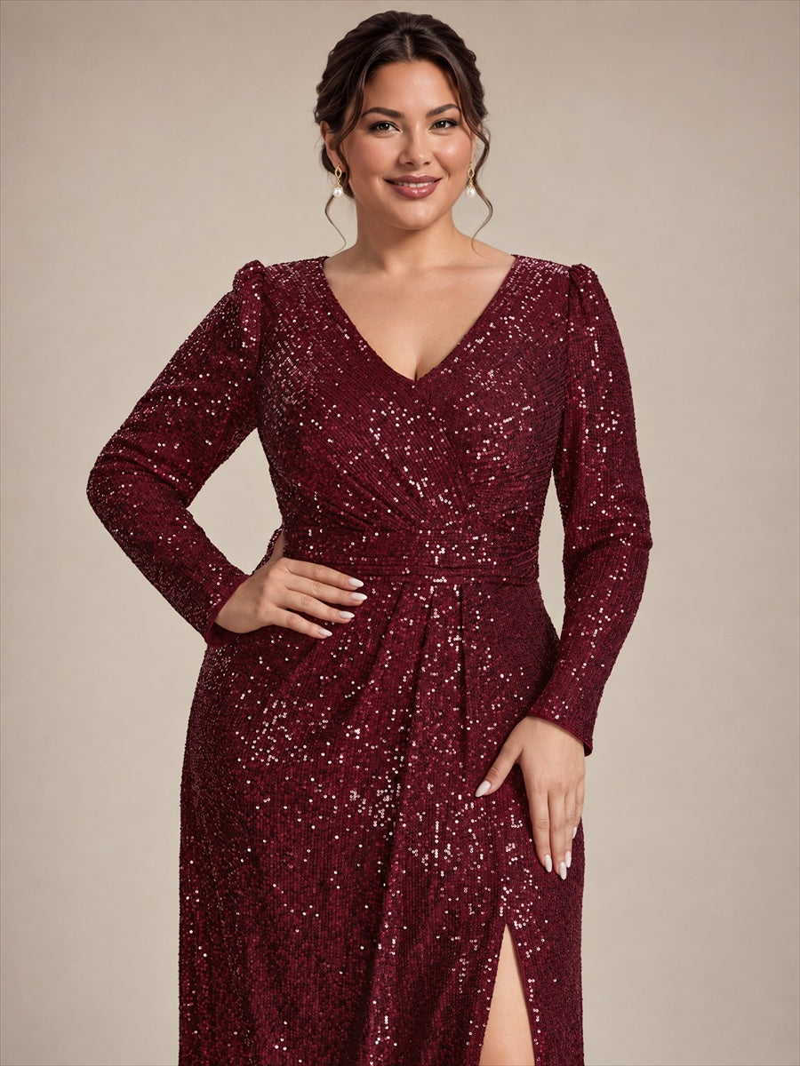 Robe maxi ajustée à manches longues en V avec fermeture éclair au dos #Couleur_Bordeaux