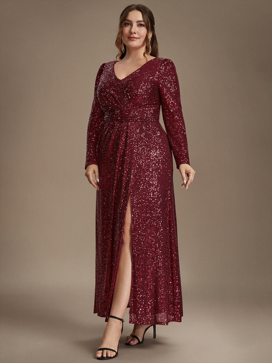 Robe maxi ajustée à manches longues en V avec fermeture éclair au dos #Couleur_Bordeaux