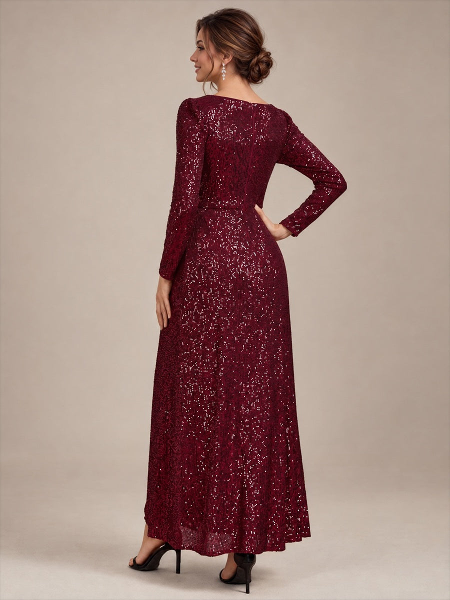 Robe maxi ajustée à manches longues en V avec fermeture éclair au dos #Couleur_Bordeaux