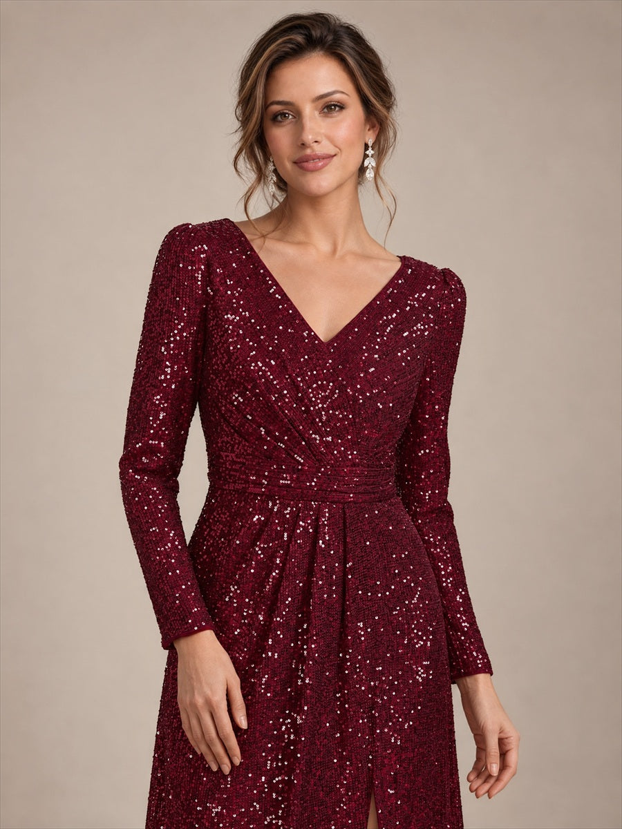 Robe maxi ajustée à manches longues en V avec fermeture éclair au dos #Couleur_Bordeaux