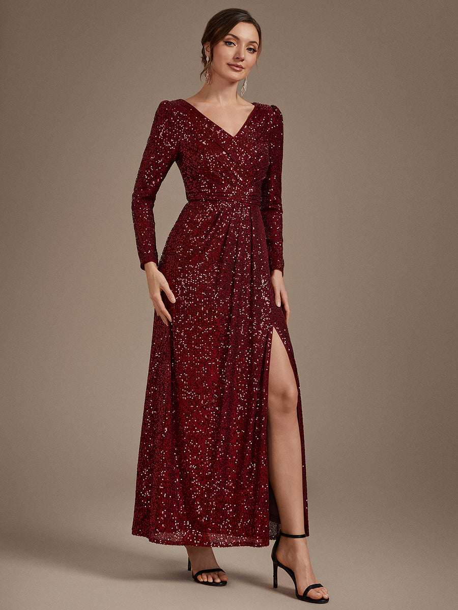 Robe maxi ajustée à manches longues en V avec fermeture éclair au dos #Couleur_Bordeaux