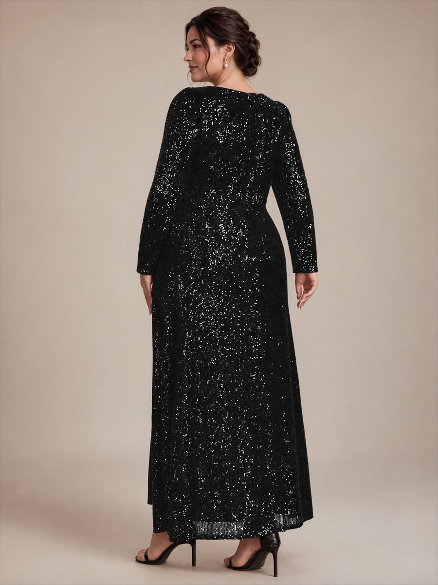 Robe maxi ajustée à manches longues en V avec fermeture éclair au dos #Couleur_Noir