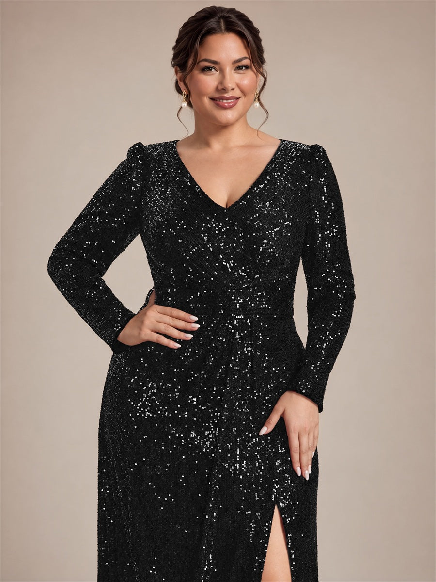Robe maxi ajustée à manches longues en V avec fermeture éclair au dos #Couleur_Noir
