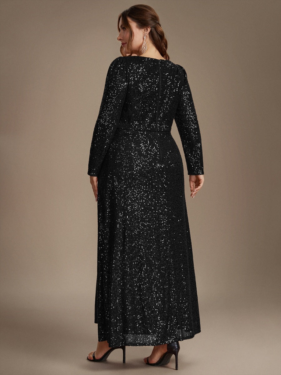 Robe maxi ajustée à manches longues en V avec fermeture éclair au dos #Couleur_Noir