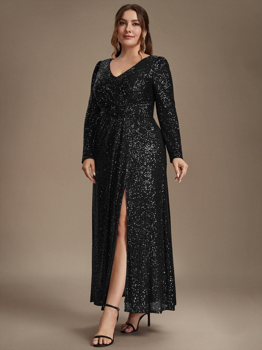 Robe maxi ajustée à manches longues en V avec fermeture éclair au dos #Couleur_Noir