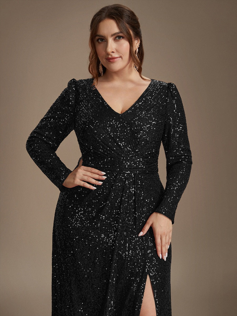 Robe maxi ajustée à manches longues en V avec fermeture éclair au dos #Couleur_Noir