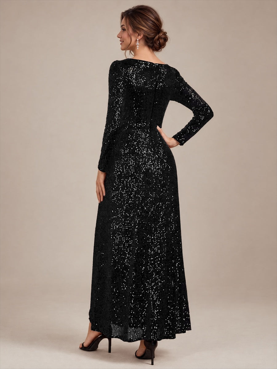 Robe maxi ajustée à manches longues en V avec fermeture éclair au dos #Couleur_Noir