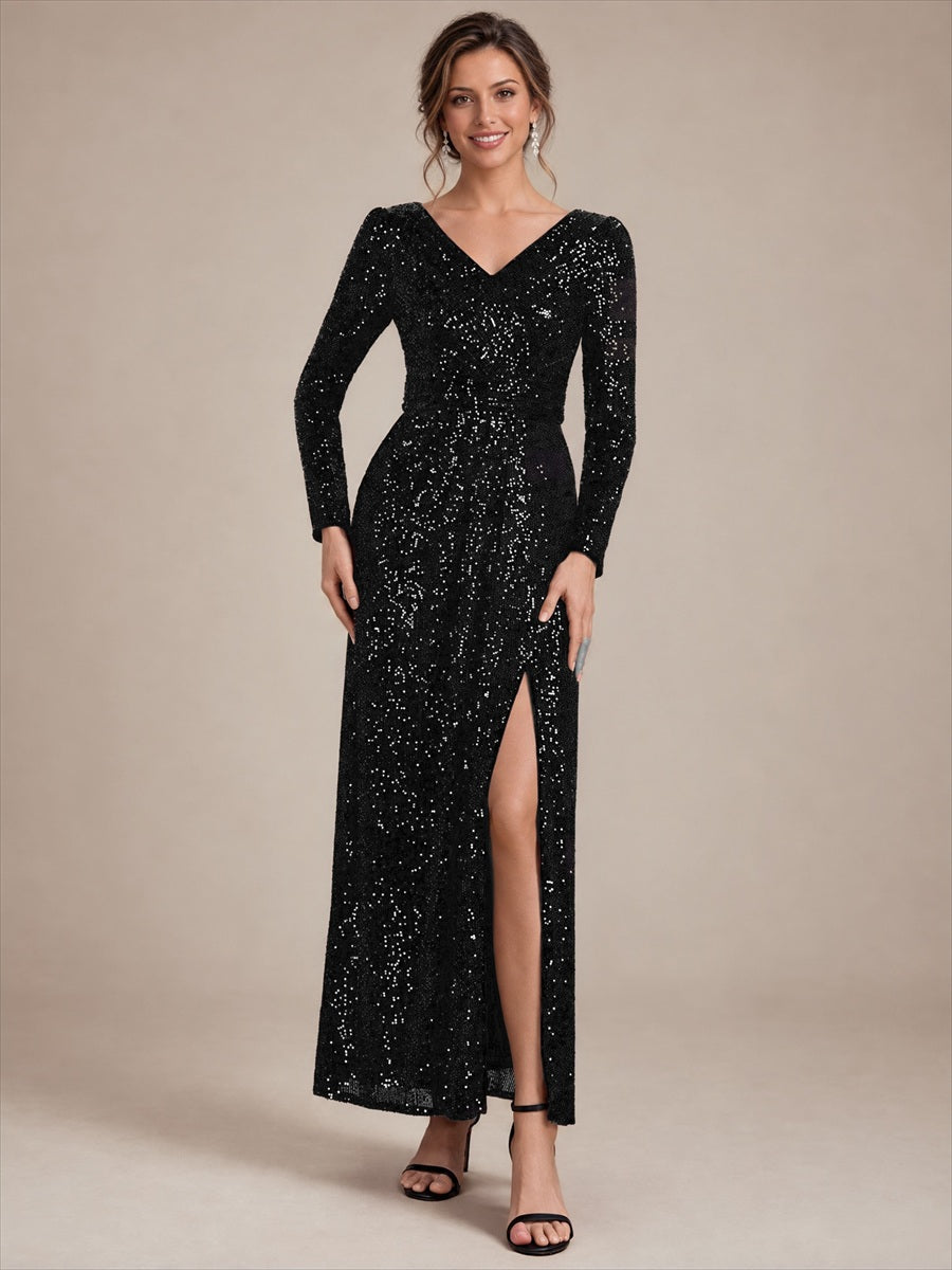 Robe maxi ajustée à manches longues en V avec fermeture éclair au dos #Couleur_Noir