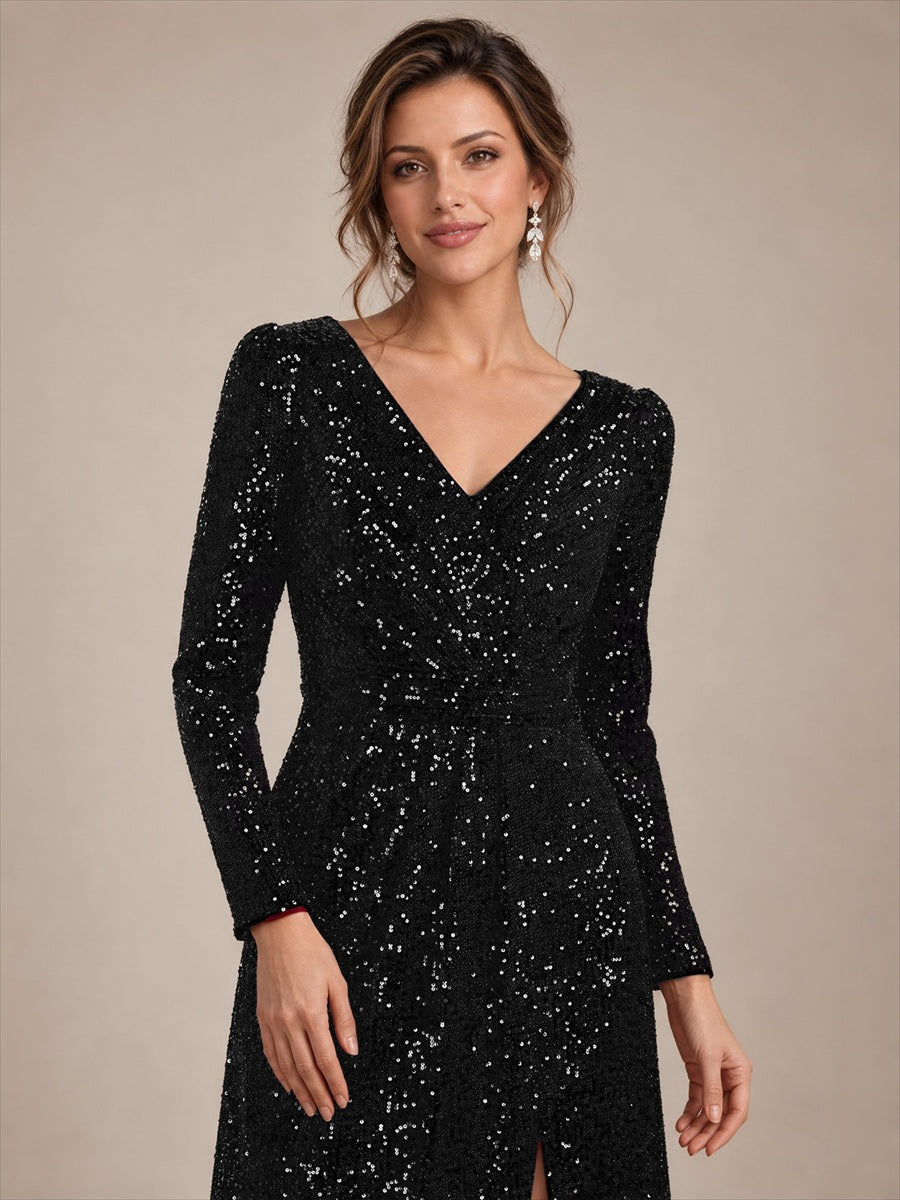 Robe maxi ajustée à manches longues en V avec fermeture éclair au dos #Couleur_Noir