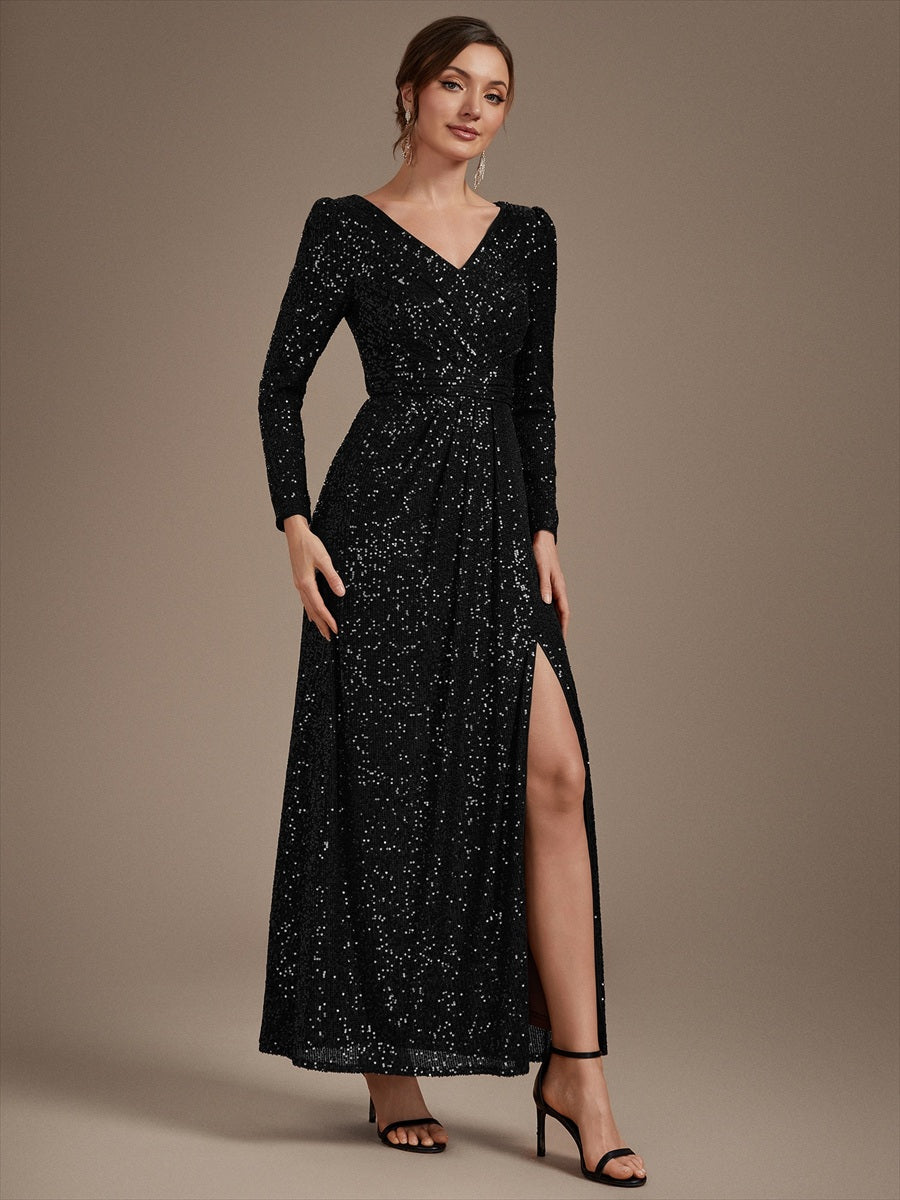 Robe maxi ajustée à manches longues en V avec fermeture éclair au dos #Couleur_Noir