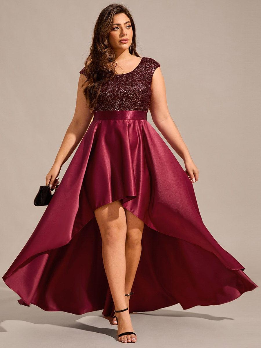 Robe de soirée en satin à sequins et décolleté rond grande taille? #Couleur_Bordeaux