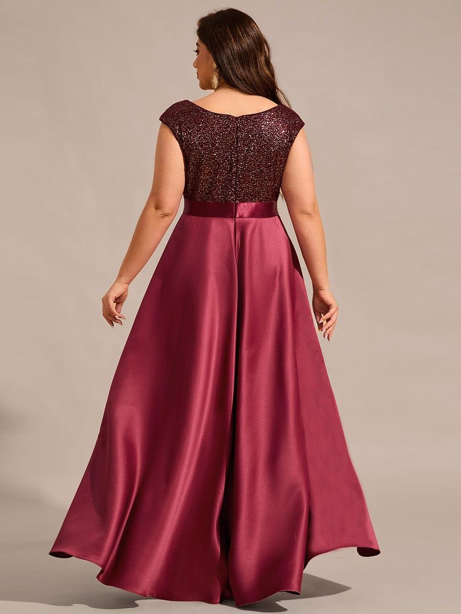 Robe de soirée en satin à sequins et décolleté rond grande taille? #Couleur_Bordeaux