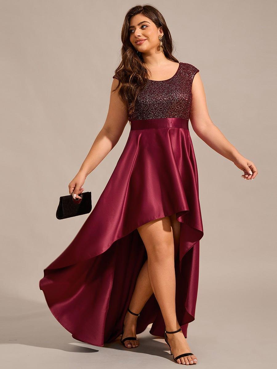 Robe de soirée en satin à sequins et décolleté rond grande taille? #Couleur_Bordeaux