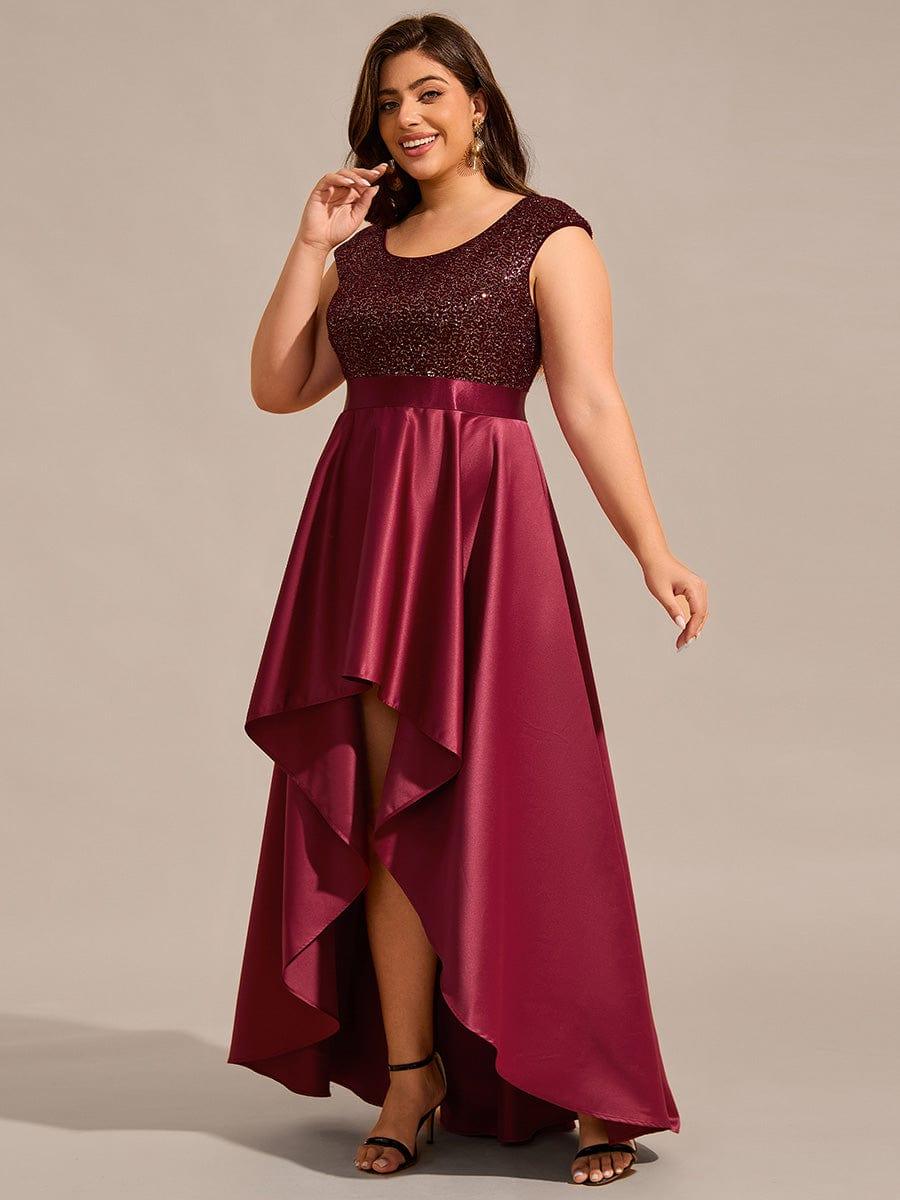 Robe de soirée en satin à sequins et décolleté rond grande taille? #Couleur_Bordeaux