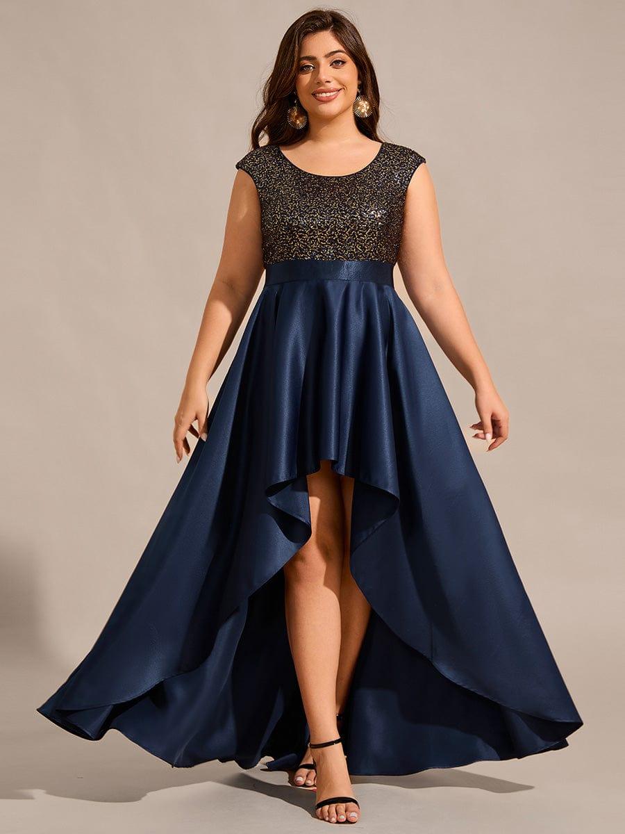 Robe de soirée en satin à sequins et décolleté rond grande taille? #Couleur_Bleu Marine