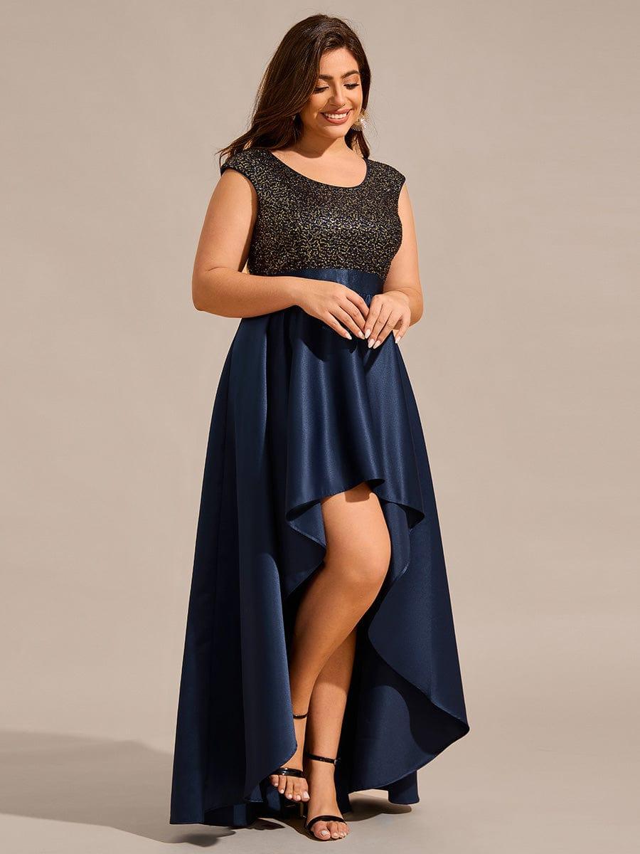 Robe de soirée en satin à sequins et décolleté rond grande taille? #Couleur_Bleu Marine