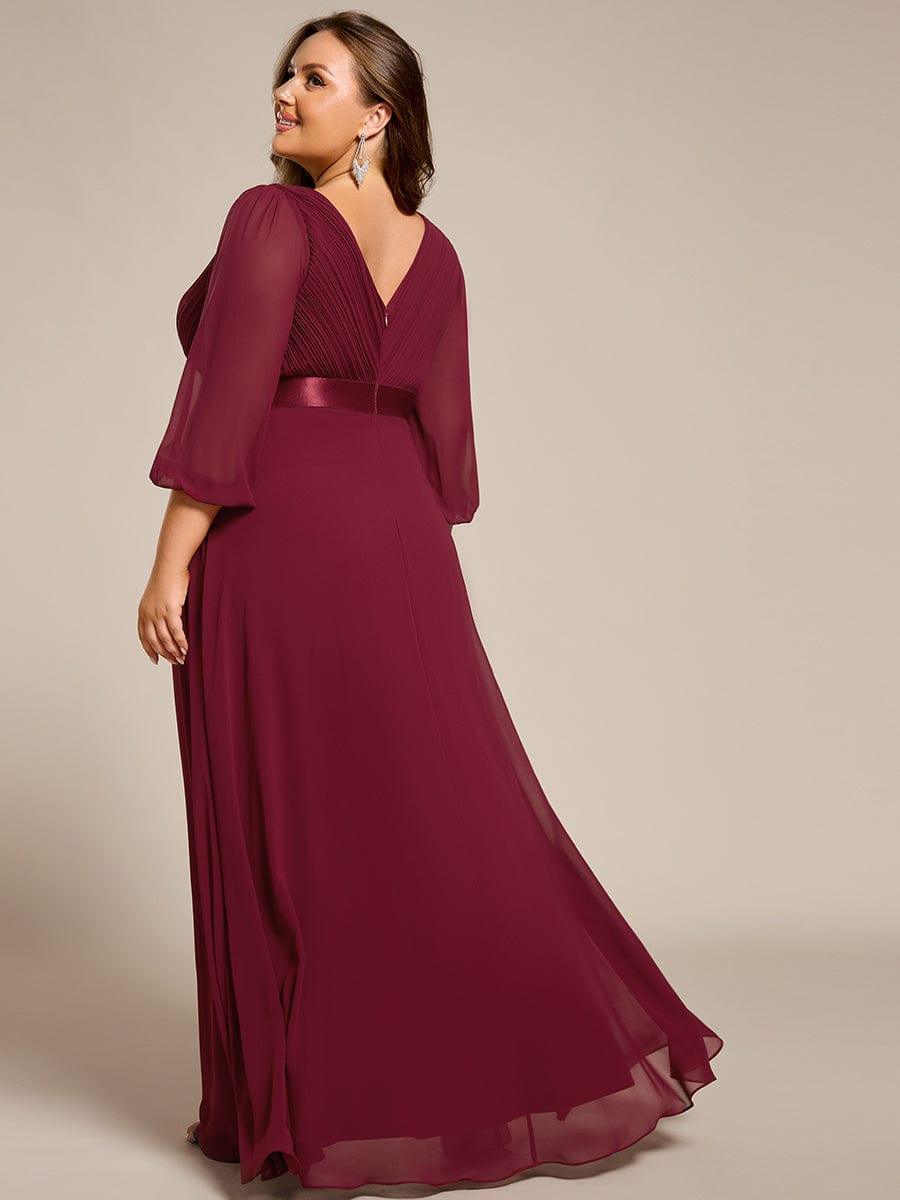 Robe de soirée taille empire plissée en mousseline de soie à manches longues #Couleur_Bordeaux