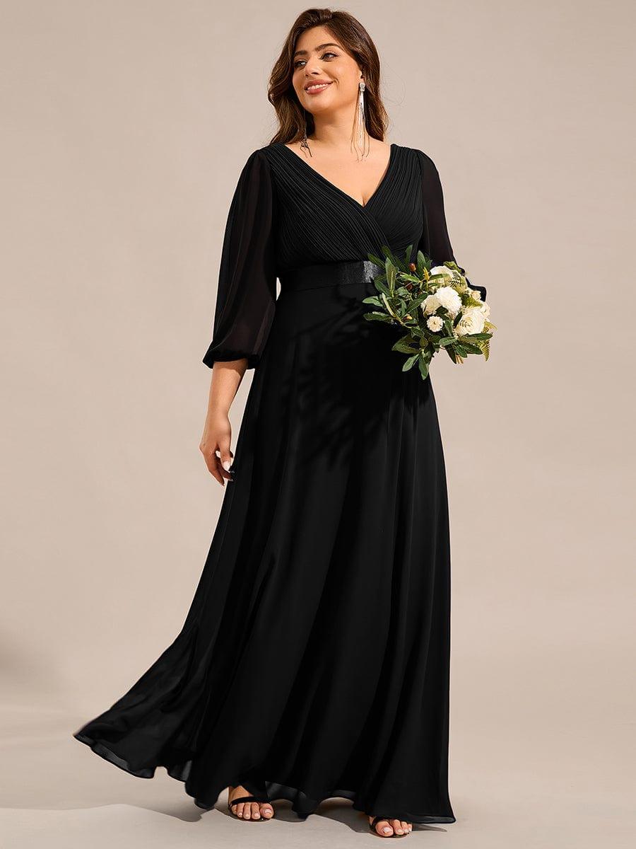 Robe de soirée taille empire plissée en mousseline de soie à manches longues #Couleur_Noir