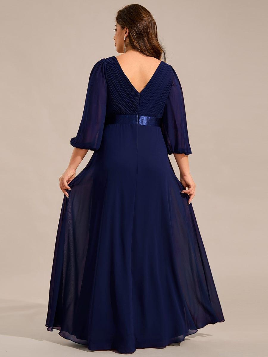 Robe de soirée taille empire plissée en mousseline de soie à manches longues #Couleur_Bleu Marine