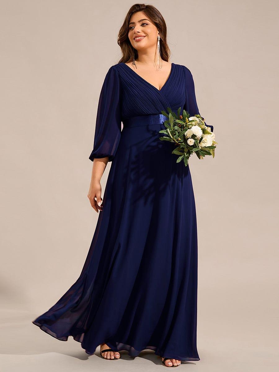 Robe de soirée taille empire plissée en mousseline de soie à manches longues #Couleur_Bleu Marine