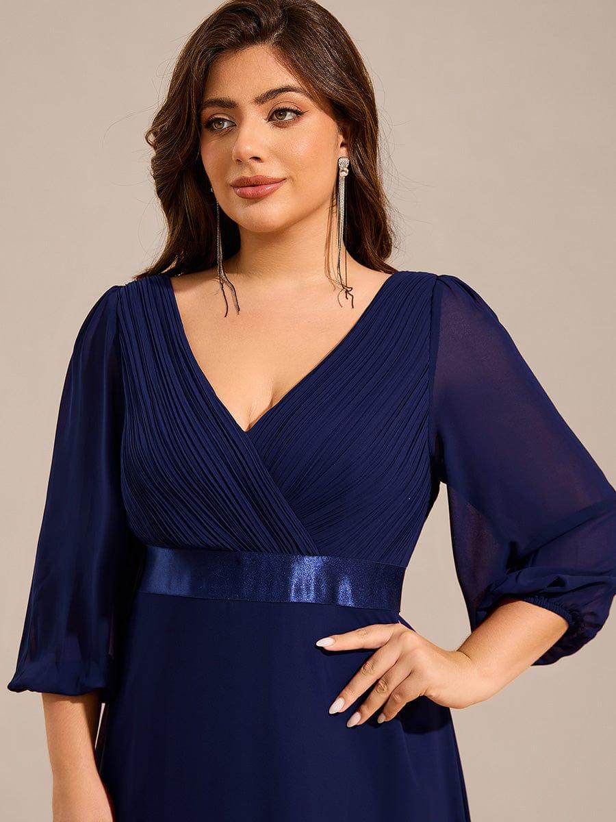 Robe de soirée taille empire plissée en mousseline de soie à manches longues #Couleur_Bleu Marine