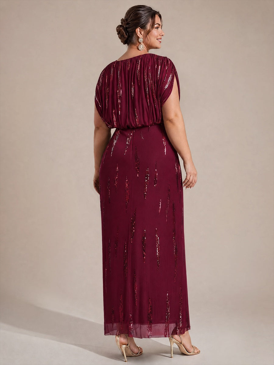 robe maxi bodycon à manches chauve-souris en sequins à col en V et manches courtes #Couleur_Bordeaux
