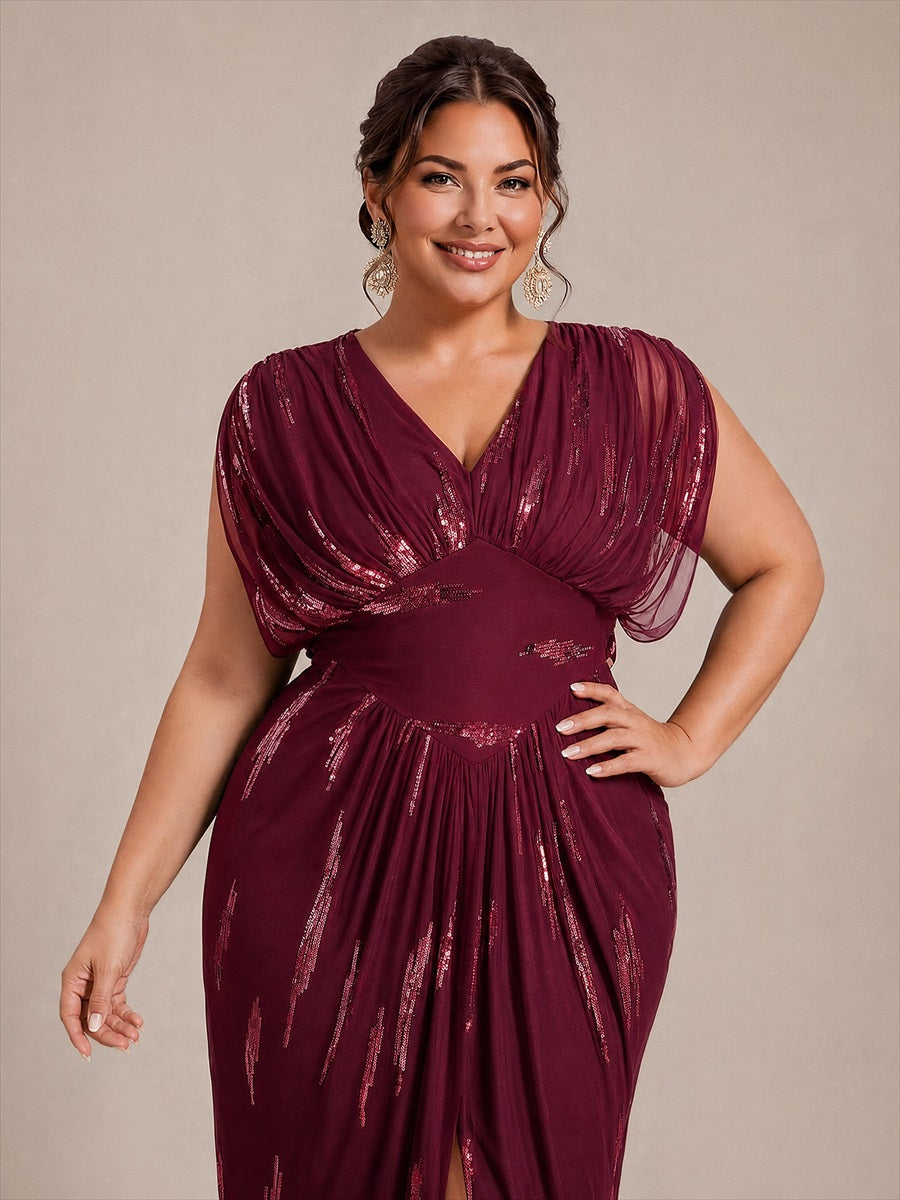 robe maxi bodycon à manches chauve-souris en sequins à col en V et manches courtes #Couleur_Bordeaux