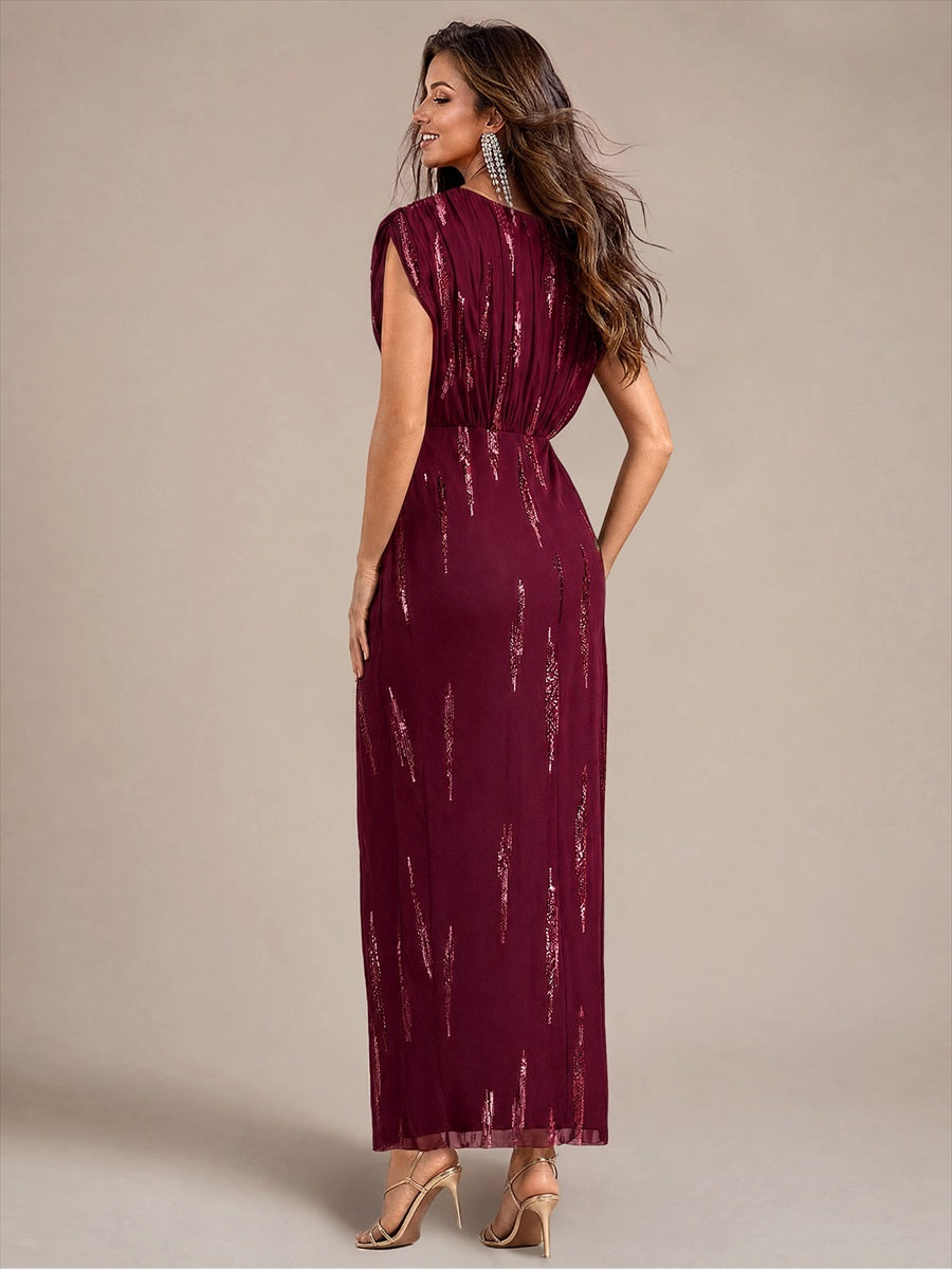 robe maxi bodycon à manches chauve-souris en sequins à col en V et manches courtes #Couleur_Bordeaux