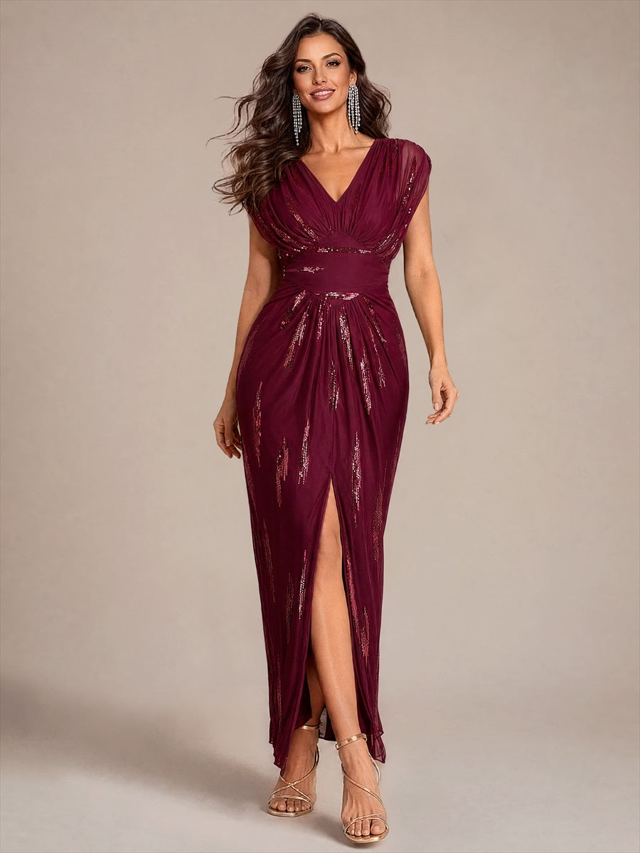 robe maxi bodycon à manches chauve-souris en sequins à col en V et manches courtes #Couleur_Bordeaux