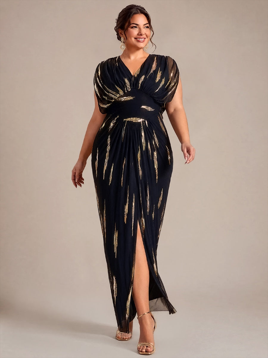 robe maxi bodycon à manches chauve-souris en sequins à col en V et manches courtes #Couleur_Noir / Or métallique