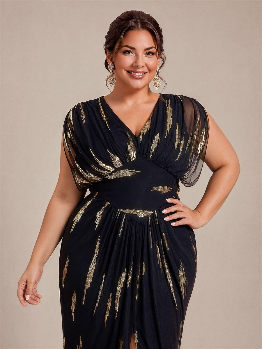 robe maxi bodycon à manches chauve-souris en sequins à col en V et manches courtes #Couleur_Noir / Or métallique