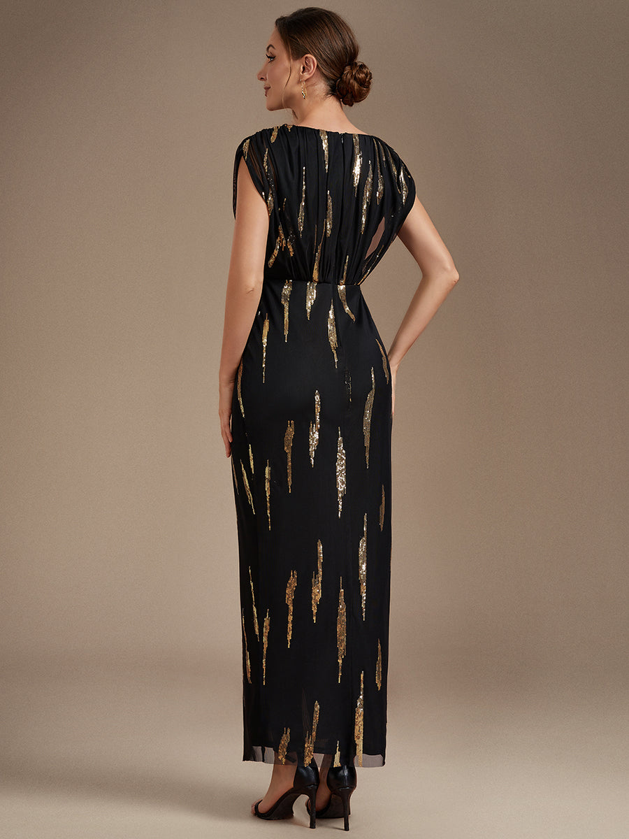 robe maxi bodycon à manches chauve-souris en sequins à col en V et manches courtes #Couleur_Noir & Or