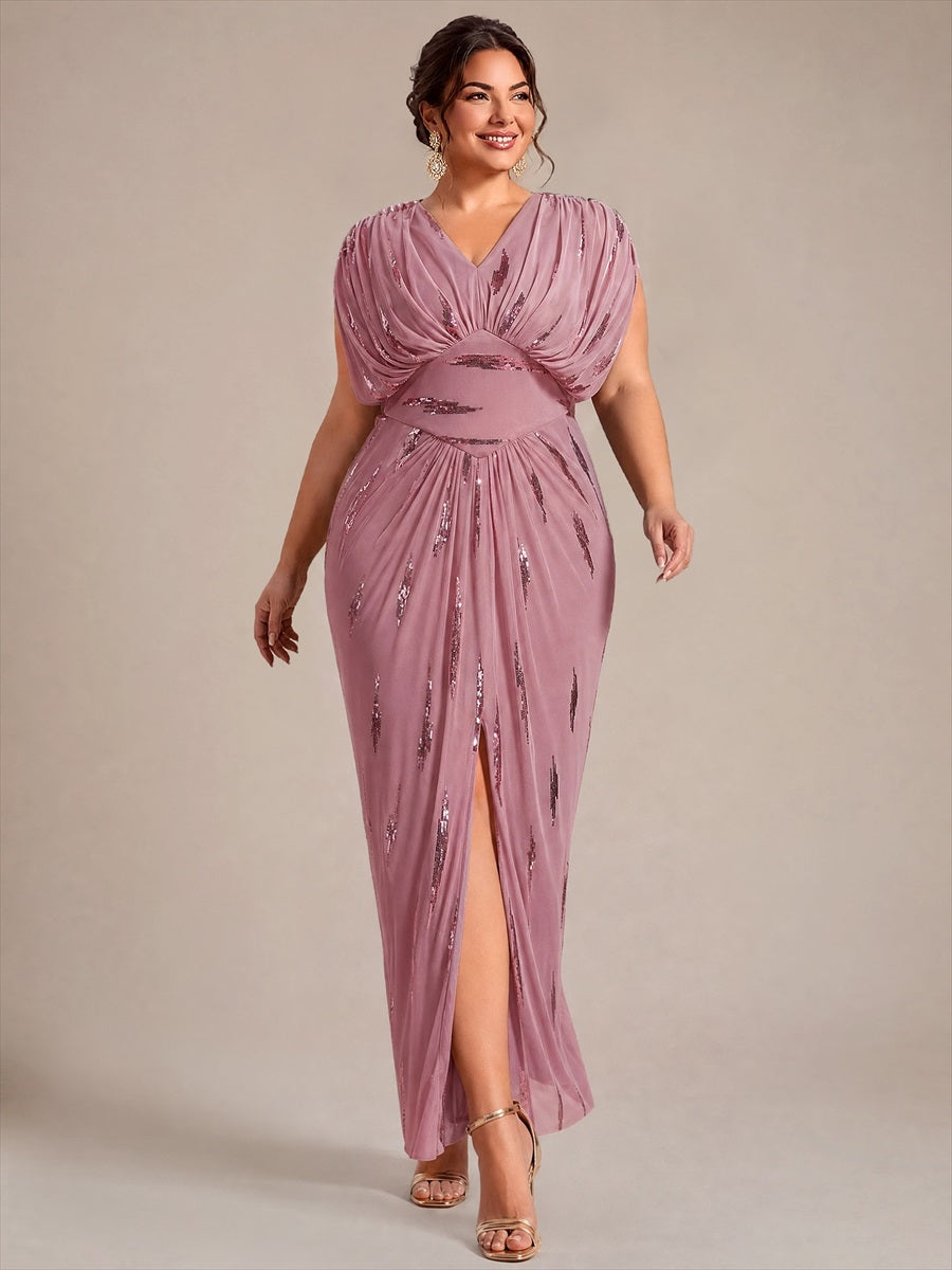 robe maxi bodycon à manches chauve-souris en sequins à col en V et manches courtes #Couleur_Orchidee