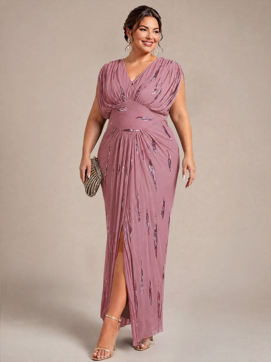 robe maxi bodycon à manches chauve-souris en sequins à col en V et manches courtes #Couleur_Orchidee