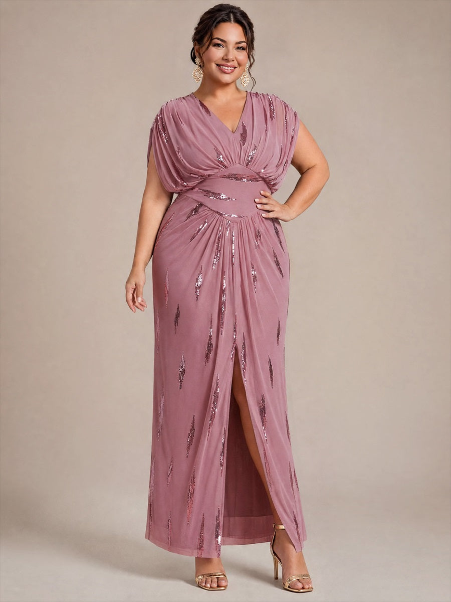 robe maxi bodycon à manches chauve-souris en sequins à col en V et manches courtes #Couleur_Orchidee