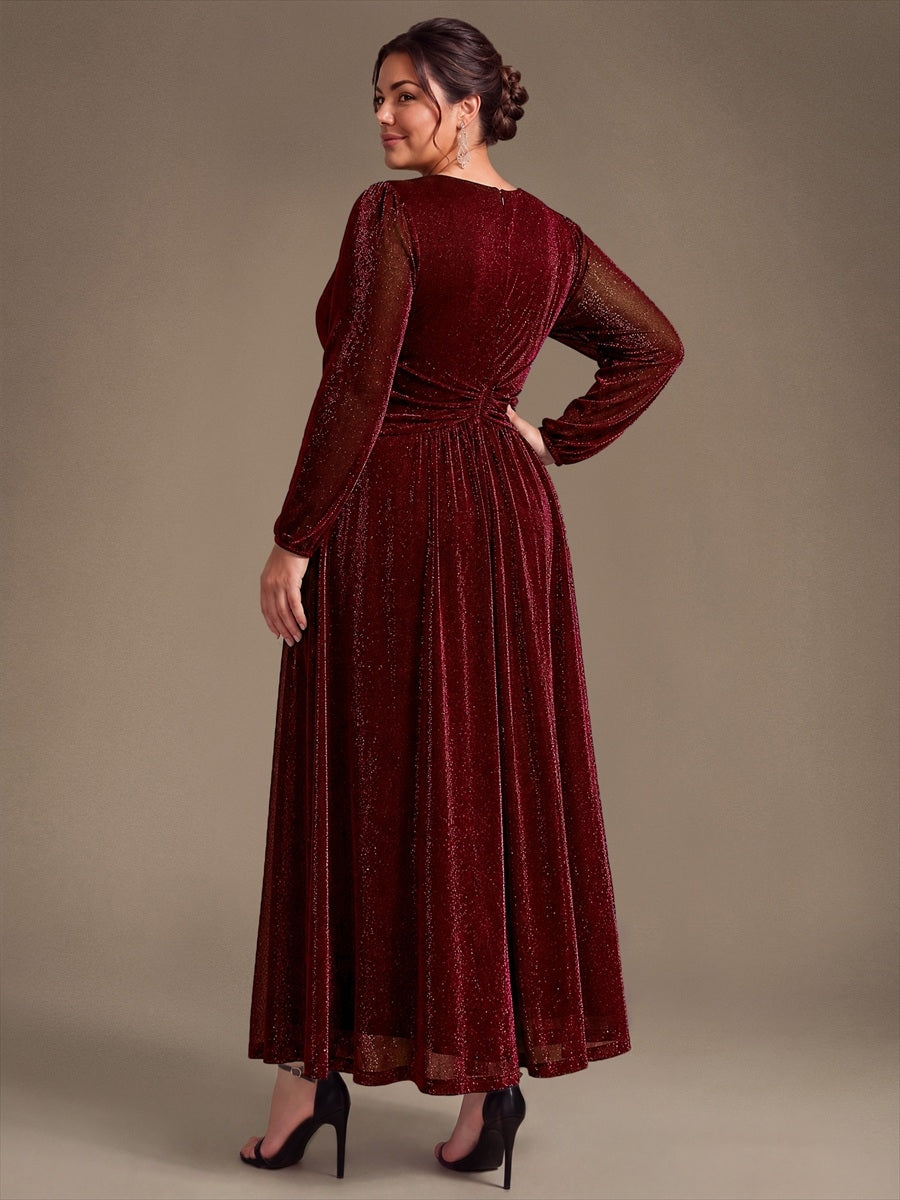Robe maxi à manches longues en V avec manches bouffantes et coupe évasée en tissu extensible #Couleur_Bordeaux