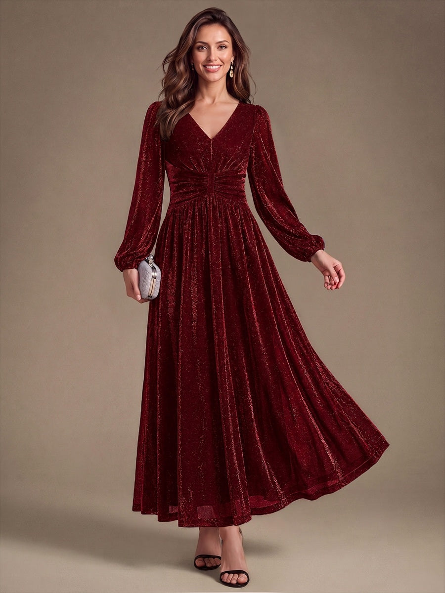 Robe maxi à manches longues en V avec manches bouffantes et coupe évasée en tissu extensible #Couleur_Bordeaux