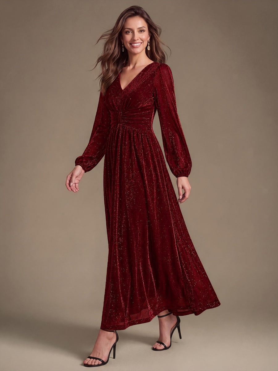 Robe maxi à manches longues en V avec manches bouffantes et coupe évasée en tissu extensible #Couleur_Bordeaux