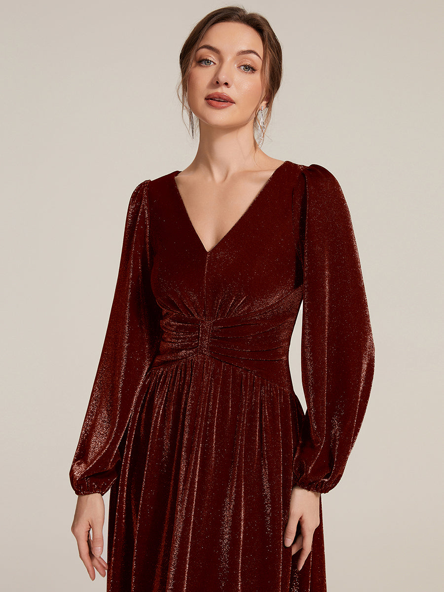 Robe maxi à manches longues en V avec manches bouffantes et coupe évasée en tissu extensible #Couleur_Bordeaux