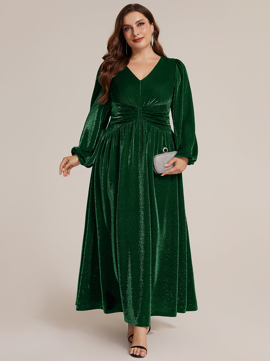 Robe maxi à manches longues en V avec manches bouffantes et coupe évasée en tissu extensible #Couleur_Vert Fonce