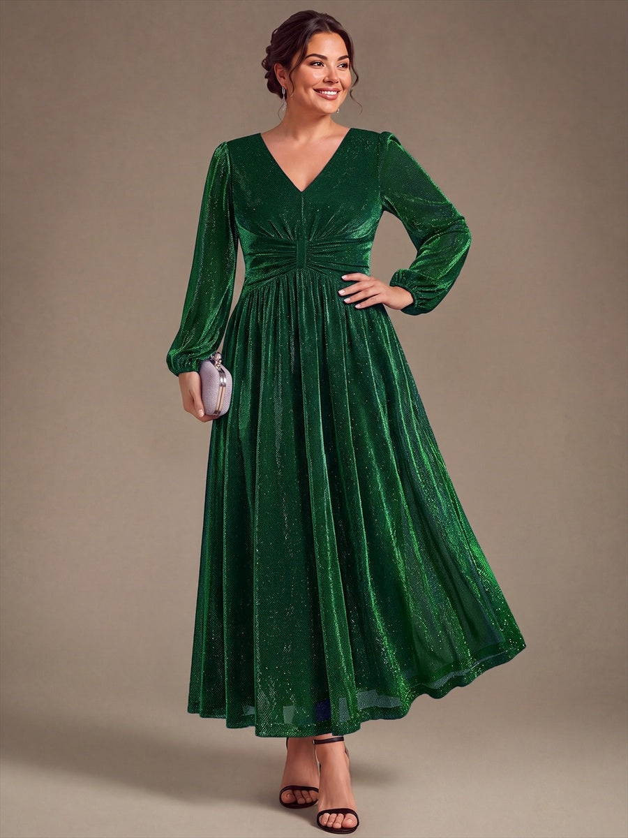 Robe maxi à manches longues en V avec manches bouffantes et coupe évasée en tissu extensible #Couleur_Vert Fonce