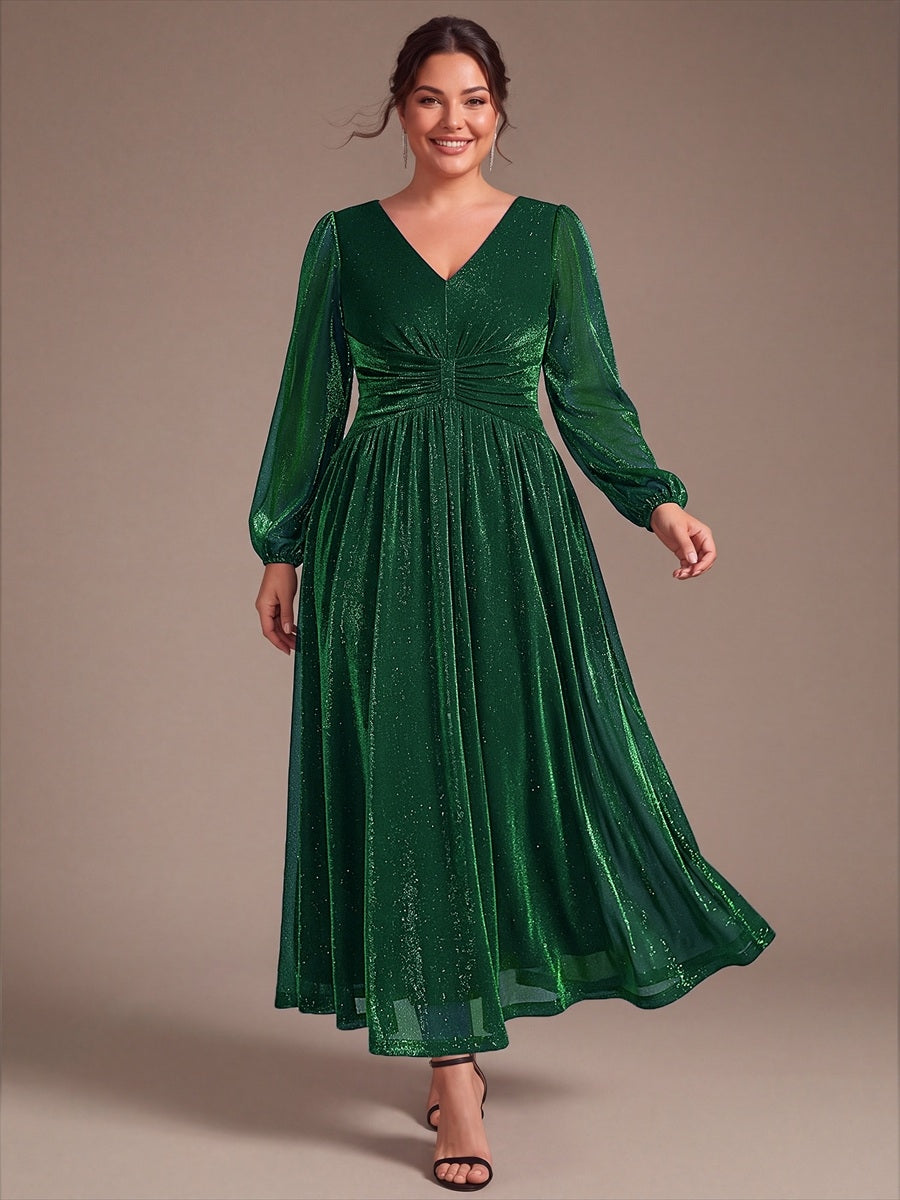 Robe maxi à manches longues en V avec manches bouffantes et coupe évasée en tissu extensible #Couleur_Vert Fonce