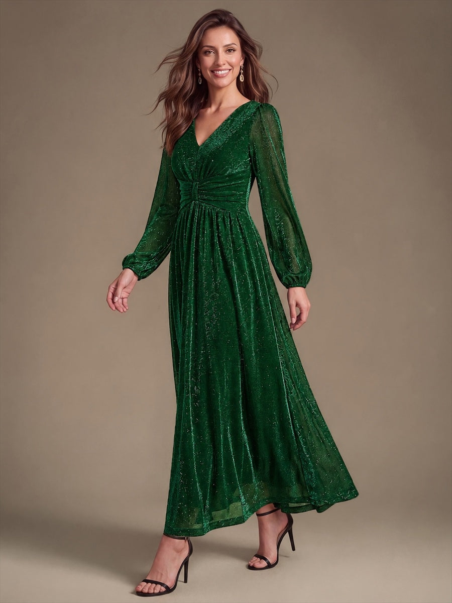 Robe maxi à manches longues en V avec manches bouffantes et coupe évasée en tissu extensible #Couleur_Vert Fonce